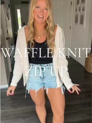 Perfect for chilly school drop offs #waffleknit #zipupjacket #zipuphoodie #falloutfits  Waffle knit zip up jacket fall outfits women 