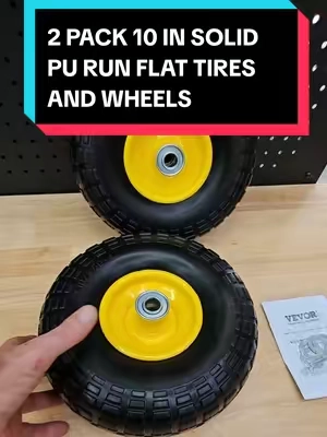 VEVOR 10 INCH 2 PACK SOLID PU RUN FLAT TIRES AND WHEELS, 400 LB WEIGHT CAPACITY, FLAT FREE TIRES, EASY INSTALL WITH ACCESSORIES. #runflattires #runflattire #tiktokshopcreatorpicks #TikTokshopbacktoschool #backtoschool 