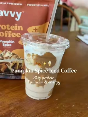 I wish you could taste this rn (30g from 2 scoops in whole milk! Optional toppings have extra sugar) #pumpkinspice #pumpkinspicelatte #fall #javvycoffee #proteincoffee 