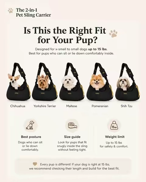 Not sure if your pup is the right fit for the 2-in-1 Pet Sling Carrier? 🐾 Designed for x-small to small dogs up to 15 lbs who can sit or lie down comfortably inside, the sling keeps your pup close and comfy on the go. Swipe through to see what to look for before your pup hops in. 🐶