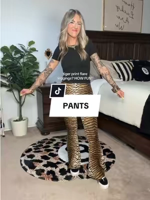 I’m 5’3” 125lbs wearing a small. #tigerprint #flarepants #flarepantsoutfit #edgystyle #dopaminedressing 