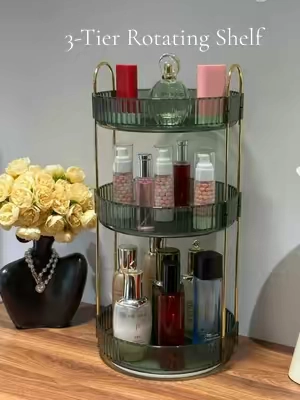 Your beauty gallery, spinning in style. One lazy Susan, endless curation. #lazysusan #acrylicorganizer #rotatingshelf #organization #makeupstorage 