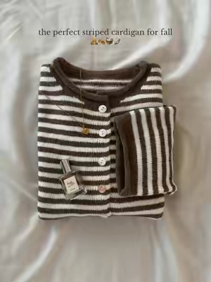 elevates any outfit 🧸🍂 #fallfashion #cardigan #stripes #chic #neutral brown striped cardigan aesthetic fall outfits inspo 