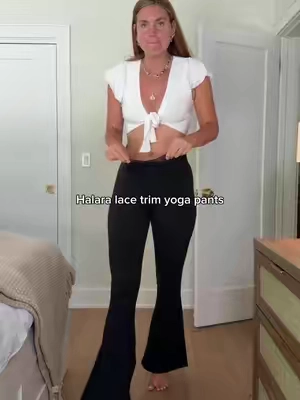 Petite regular and tall sizes 🤍✨  @Halara_official  #yogapants #TikTokshopbacktoschool #tallgirlapproved #laceyogapants #longlegs 