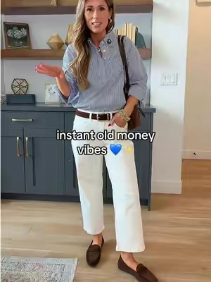 💙So crisp! // Follow for more outfit ideas! Sized down 1 size, wearing an XS. Runs very generous, go down 1 size.   #oldmoneystyle #coastalgrandmother #lookforless #chicstyle #outfitideas 