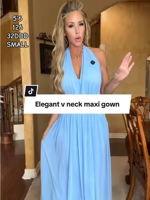 Effortless elegance in the dreamiest blue. This deep V-neck halter maxi dress is made for vacations, weddings, date nights, and every summer moment that calls for a little drama. #BlueMaxiDress #SummerStyle #VacationOutfit #WeddingGuestDress #ElegantStyle