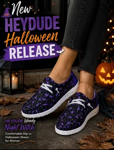 Perfect and comfy for trick or treating! HEYDUDE Wendy Night Witch - Comfortable Slip on Halloween Shoes for Women #TiktokShopCreatorPicks #TikTokshopbacktoschool #halloween 