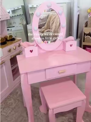 The sweetest little vanity for her room 🎀💄✨ A lighted mirror, matching chair + her own spot for all the dress-up fun. #KidsVanity #GirlsRoomDecor #GiftIdeasForKids #KidsRoom #vanityset 