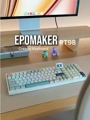 A tiny TV + creamy switches = keyboard perfection 📺⌨️🤎 The Epomaker RT98 is bringing ALL the retro vibes ✨ #keebtok #mechanicalkeyboard #creamykeyboards #epomaker #cozydesksetup @Epomaker Keyboard 