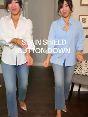 Classic button down you’ll reach for again and again 🤍✨  Stain shield + wrinkle-free fabric keeps you looking polished with less fuss. Timeless, flattering and perfect for work, meetings or dressing up your everyday look! #WomensButtonDown #WrinkleFreeShirt #StainResistantShirt #WorkwearForWomen #ClassicStyle     