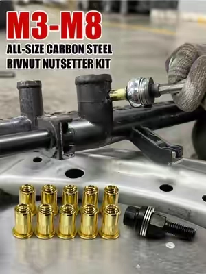 Fix stripped threads on thin metal blind spots.🛠️⚡ M3-M8 full rivet nut kit with extra nuts included.🚗 Strong permanent threads for cars, trucks & DIY projects. 🔥 Big discount + free US shipping, limited offer! #RivetNutKit #AutoRepair #CarDIY #TruckMods #MechanicTools    
