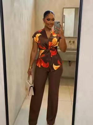 🔥2 Pieces Outfit V-Neck Short Sleeve Twist Front Zipper Back Top & Elastic Waist Straight Leg Pants Set - Business Casual Commuter Set#OOTD #casualoutfits #DailyOutfit #2pieceset #curvyfashion 