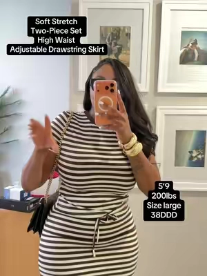 Soft Stretch Striped Casual Two-Piece Set, Slim Fit Short Round Neck T-Shirt & High Waist Adjustable Drawstring Skirt, Versatile Home & Tee 