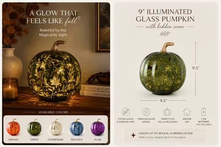 A little glow, a lot of cozy ✨ This glass pumpkin is the perfect fall accent for your home—and the hidden design when it lights up is SO pretty. #FallFinds #FallDecor #qvc 
