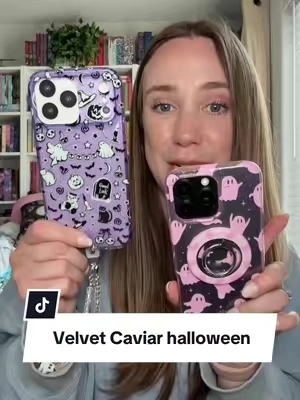 Two completely different Halloween phone accessory vibes and I genuinely can’t pick a favorite 👻💜🩷 I paired the ghost charm with the purple Summerween case and the pink Ghosted MagSafe grip with the pink ghost case 👻🎀   #VelvetCaviar #PhoneCase #PhoneAccessories #SpookySeason #HalloweenAccessories 