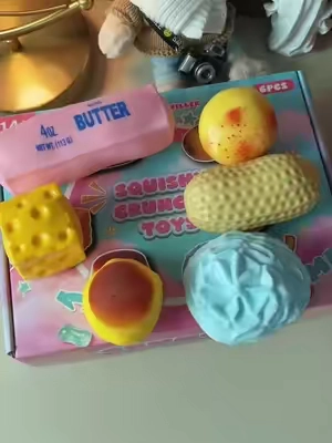 Enjoy the ultimate satisfying crunch of this squeezable stress toy set😍✨💕🍇🧈🧀 #squishyasmr #squishtok #squishy #amsrsounds #crunchy 
