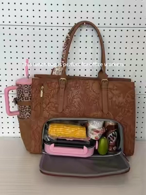 Brown embossed tote – textured, timeless, and tough. Holds my laptop, lunch, and life without losing its chic. Daily staple! 🧡👜✨#lovevook #backtoschool #TikTokshopbacktoschool #lunchbag #workbag 