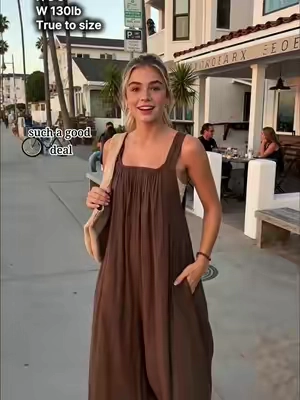 This jumpsuit is giving effortless vacation vibes 🤎 The wide leg fit is so flattering and the back detail is everything! #jumpsuitstyle #vacationoutfit #SummerFashion #quietluxury #TikTokFashion