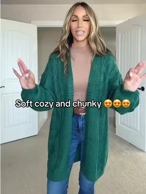 Absolutely love this cable knit cardigan. 🫰 these are so good to wear to work or even with your leggings. Perfect for fall and winter.💕 I forgot to mention there is a medium stretch to the material. Beautifully made, and I love this color. 😍😍😍