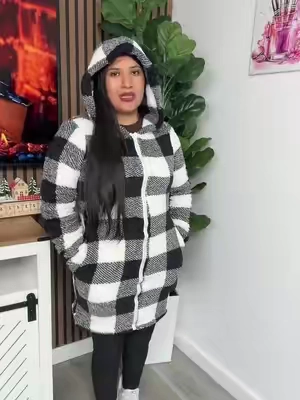 Women's  Plaid Fleece Hooded Fitted Coat, Fitted Casual Fashionable Fall Winter Outerwear, Soft Fluffy Fleece Fabric & Full Zip Closure & Hooded Design & Mid-Length Silhouette & Multiple Color Options #abrigo #coat #winterwear #blackfriday #womenswear 