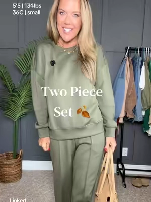 This matching two piece set is such an easy fall outfit! 🍂 The wide leg pants and relaxed sweatshirt make it comfortable while still looking put together. Love this olive green for transitioning into fall. 🤎 #FallOutfit #TwoPieceSet #MatchingSet #FallFashion #WomenOver50Style 
