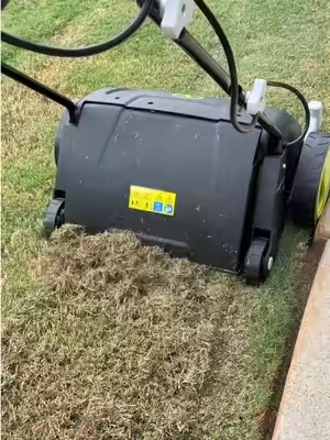 Getting all that dead grass + thatch out so our lawn can actually absorb the water and fertilizer. 👏🏻🌱 #dethatcher #lawncare #sunjoe #lawntok #lawnmaintenance 