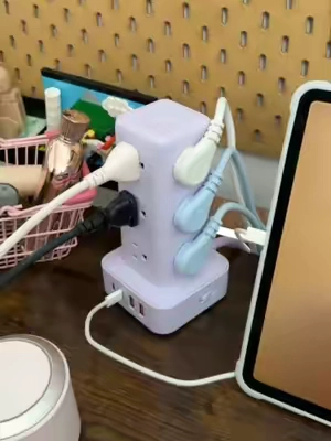 👙💜Girls, you do not want to miss out on this, a 16-in-1 power strip tower. This might be the ultimate power strip for your vanity. #chargingstation #tiktokbacktoschool #desksetup #vanity #powerstrip 