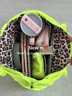 Will you love this neon green -leopard color? Very spacious! Senior uses it as her back pack and has room for all binders and laptop. #totebag #workbag #collegebag #schoolbag #sohochic 