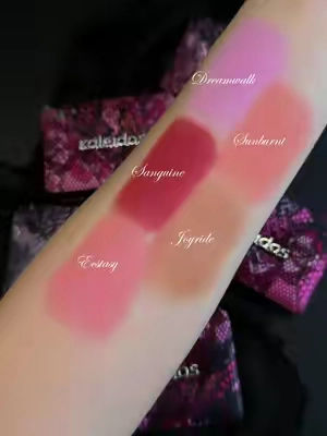Blushing like the heroine of a gothic romance. 🥀🖤 #KaleidosBlush in Dreamwalk, Sunburnt, Sanguine, Joyride + Ecstasy  A romantic lineup of dreamy mauves, warm peaches, and rich reds made for everything from hauntingly soft to decadently bold cheeks. #swatch #romanticgoth #softmattemakeup #colorfulmakeup  