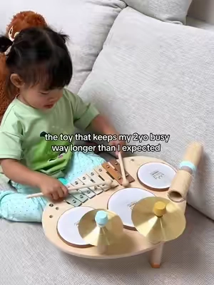 A fun way for toddlers to burn off some energy. She loves this toy so much! 🥁#babytoys #toddlertoys #kidsdrumset #toddlertok #montessori #musictoy #screenfreeplay #kidsactivities #giftforkids #drum #drummergirl 