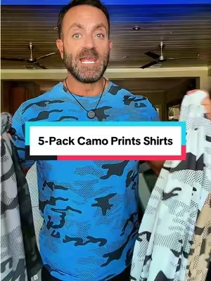This 5-pack of camo print workout shirts gives you lightweight, moisture-wicking performance with an athletic look that works for lifting, cardio, outdoor training, or everyday wear. #mensshirts #camo #camostyle #mensstyle #activewear 