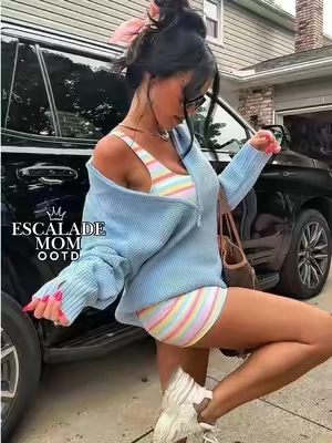 This rainbow sports bra and shorts set paired with this waffle knit pullover makes the perfect Escalade mom errand ootd!! #sportsbraset #workoutset #waffleknitpullover #falloutfitinspo #escalademom 