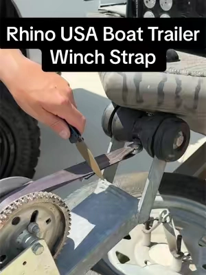 Rhino USA Heavy-Duty Boat Trailer Winch Strap is 2 inches wide, 20 feet long, and built with a 10,000-pound maximum break strength for securing boats and personal watercraft during transport. #RhinoUSA #BoatTrailer #WinchStrap #BoatingGear #TrailerUpgrade