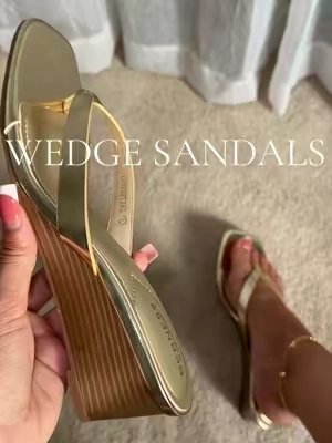 So cute & classy! #wedgesandals #wedgeflipflops #goldheels #summerwedges 