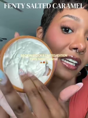 The salted caramel scent is BACK for a limited time only!!! 🤤 Fenty's butta drop is super moisturizing and leaves your skin looking and feeling amazing without feeling sticky 🍁 #fallscents #fentybodybutter #fallfragrances #saltedcaramel #fentysuperbrandday @Fenty Beauty 
