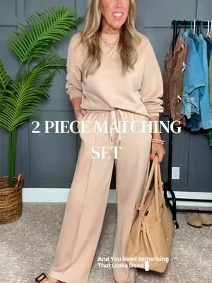 This is the kind of two piece set I’ll reach for when I want to be comfortable but still look put together. 🤎 The neutral khaki color, relaxed wide leg pants and matching sweatshirt make it such an easy everyday outfit for running errands, lunch or travel. I sized up to a large for this fit! #twopieceset #matchingSet #TikTokshopbacktoschool #casualoutfit #over50style 