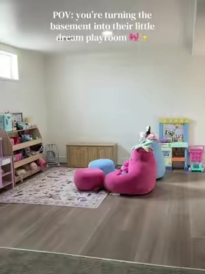 Turning this little basement corner into the cutest cozy playroom 🥹🎀✨ A space for them to play, create, read & make all the little memories. 🤍 I do want to add curtain and some cute wall decorations!! #PlayroomMakeover #PlayroomInspo #KidsPlayroom #BasementPlayroom #GirlMom  