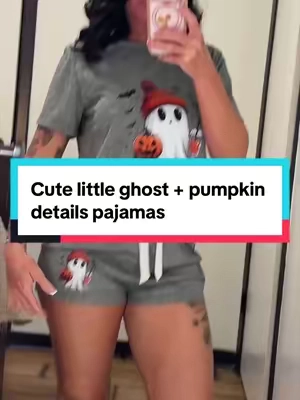 Cute little ghost + pumpkin details, soft gray fabric, and you can choose shorts or pants depending on the night. Such an easy cozy-season set.#pajamas #halloweenpajamas #spookyseason #tiktokbacktoschool #cutepajamas 