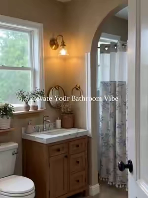 The easiest bathroom makeover you'll do all summer. Instant bathroom glow up! ✨ This gorgeous faux linen curtain is waterproof, durable, and brings the perfect boho vibe. Ready for your summer refresh? #bathroommakeover #cottagecore #bohodecor #showercurtain #hometok 