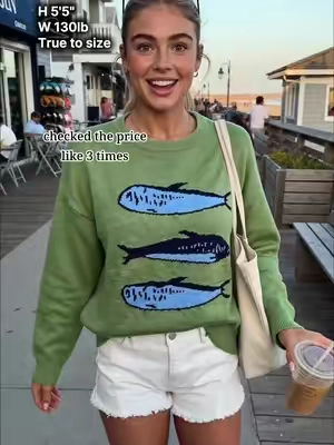 This sweater is too cute to ignore 🐟💚 The little details make the whole outfit! #TikTokshopbacktoschool #graphic sweater #fallfashion #coastalstyle #knitwear