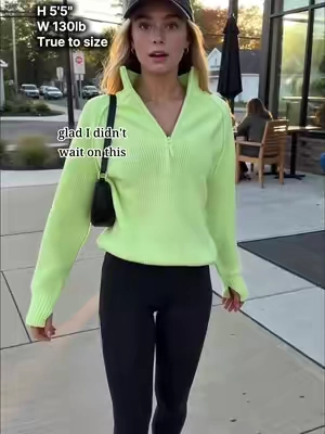 This green knit pullover is my new fall obsession 💚 The fit is cozy, cute, and so easy to style! #TikTokshopbacktoschool #fallfashion #quarterzip #cozyoutfit #athleisure