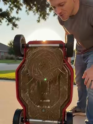 @JasonFinds 15-sec casual smartphone-style video. I’m wearing a fitted charcoal T-shirt, blue jeans, and casual sneakers. Natural suburban driveway, warm late-afternoon daylight, slight handheld camera movement. Show a generic red push mower tipped up so the underside faces the camera. The mower is off and the blade is completely still. The underside of the mower deck is covered with packed, dried grass clippings stuck to the metal surface BEHIND and AROUND the blade housing. The wheels are normal and clean. The grass buildup is only on the underside of the mower deck. Open with a clear close-up of the underside so viewers can see the heavy packed grass stuck behind the blades. I say: “I never remember to clean this.” Then I spray the underside of the mower with the pressure washer. Show the water hitting the packed grass underneath the mower deck. Show the grass loosening from behind the blades and falling down off the underside of the mower onto the driveway in wet pieces. Keep showing the buildup being removed from the metal underside. While spraying, I say: “Wow, yeah — I’ve needed to do this for a long time.” End with a clear full after shot of the mower underside, showing the metal deck and blade area mostly cleaned off. I say: “Look at that. If you want one, it’s in the orange shopping cart at the bottom left.” Spoken audio is required.#aicast 