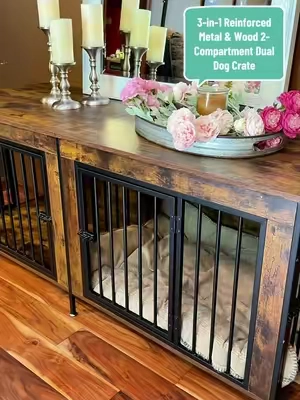 Sweetcrispy 3-in-1 Reinforced Metal & Wood 2-Compartment Dual Crate Furniture - Heavy-Duty Rustic Farmhouse Kennel, TV Stand & Side Table for Bedroom, Space-Saving, Double Door Lock, 27.56" L×23.62" W×25.49" H for Small/Medium Dogs #tiktokshopsummersale #TikTokshopbacktoschool #sohochic #dogcratefurniture #dogloversoftiktok @Sweetcrispy Store 