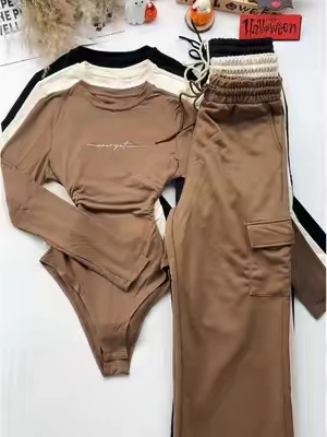 Buy cute and comfortable viral solid rompers that sell like hot cakes&Drawstring waist pant set! #longsleeve #bodysuit #TikTokshopbacktoschool  #spotlightfinds #casualstyle 
