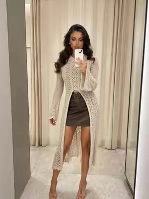 Round Neck Asymmetrical Hem Hollow Out Knitted Sweater Casual Scallop Trim Bell Sleeve Top#BacktoSchool #OOTD #casualoutfits #falloutfits #sweater 