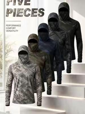 Paquete de 5 camisas de manga larga con capucha con pasamontañas de camuflaje para hombre, tops deportivos tácticos de protección solar UPF con mascarilla y agujeros para los pulgares, artículos esenciales de viaje, artículos esenciales para acampar #5Pack #Mens #Camouflage #Balacl #backtoschoolshopping 