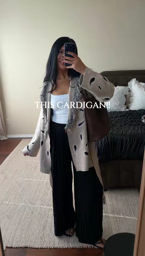 SIZE: L.  Paisley print cardigans are so chic for Fall Outfits! I’m so in love with the fringe and the belt! Such a cute piece for Fall and Winter.  Bandana Paisley Cardigan. Cardigan Outfit. Fall Outfit Ideas. #falloutfits #cardigan #cardiganoutfits #fallfashion #bandanaprint 