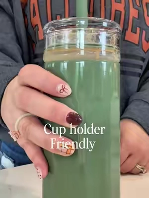 Glass cup and insulated stainless steel shell.  No sweat, cup holder friendly! #glasstumbler #icedcoffee #icedcoffeeathome #coffeecup #travelcup 