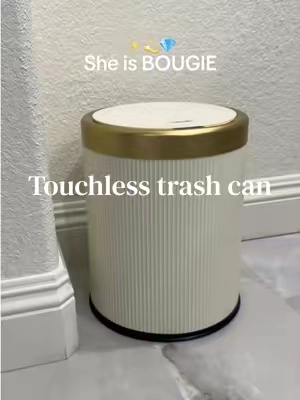 Why is my TRASH CAN fancier than me 😭✨💎 The automatic lid + white and gold combo?? She is absolutely bougie. #AutomaticTrashCan #TouchlessTrashCan #BathroomFinds #BathroomEssentials #bathroommakeover 