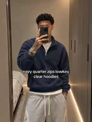 quarter zip over a white tee with grey sweats #quarterzip #navyfit #greysweats #menswear #fitcheck 